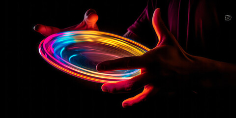 Captivating digital light trails follow a gracefully launched frisbee from an athlete's hands, highlighting skill and camaraderie in sport with magical modern aesthetic.
