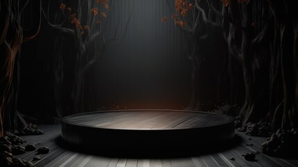 Pedestal podium with pumpkin for halloween product promotion. Podium in the dark