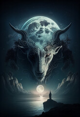 A mystical ram in large horns holds the full moon. AI Generated
