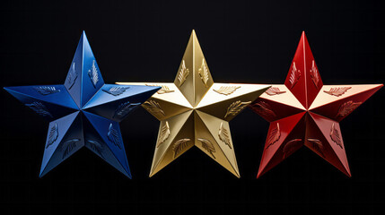 Three blue, gold, and red star rating on dark background. Feedback, review, and rate us concept