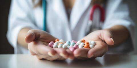 Closeup of doctor holding pills in hands.