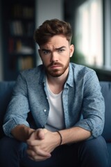 Obraz premium shot of a young man looking unhappy while sitting on the sofa at home