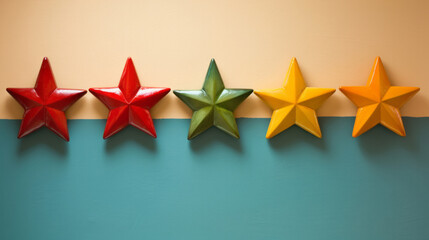 Fototapeta premium Five star rating on white and blue .background. Feedback, review, and rate us concept. 
