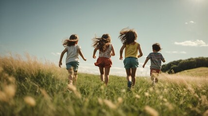 boys and children run in the meadow at sunset happy and in company. Friendship and fun. Freedom among boys and young people, long live life, enjoy life. New opportunities. New beginning. AI generative