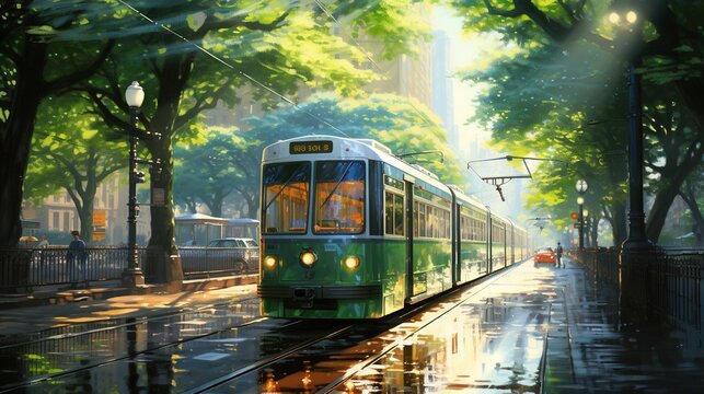  a painting of a green train on a rainy day in the city.  generative ai