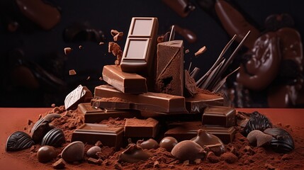  a pile of chocolate pieces and pieces of chocolate on a table.  generative ai