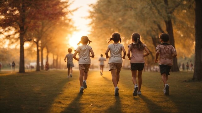 boys and children run in the meadow at sunset happy and in company. Friendship and fun. Freedom among boys and young people, long live life, enjoy life. New opportunities. New beginning. AI generative