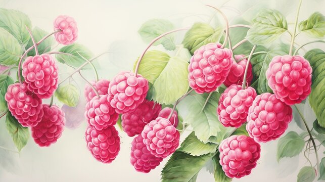  a painting of raspberries on a branch with leaves.  generative ai