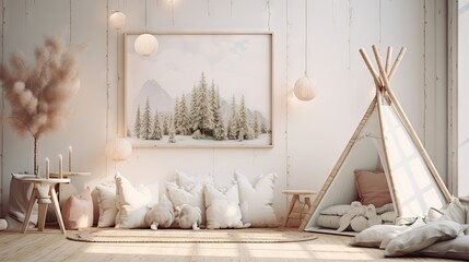 Fototapeta na wymiar Scandinavian and boho themed childrens interior with a framing mock up, depicted in a 3D render and illustration.