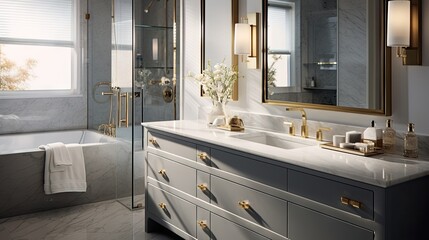 Grey vanity, gold lighting and fixtures, white marble counter in bathroom. - obrazy, fototapety, plakaty