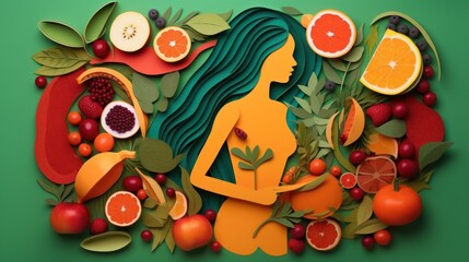 Fototapeta premium Beautiful woman with fresh fruits, healthy food. Paper cut style background.