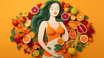 Fototapeta na wymiar Beautiful woman with fresh fruits, healthy food. Paper cut style background.