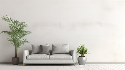  a white couch sitting next to a potted palm tree.  generative ai