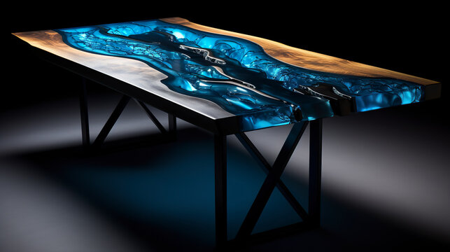 Table made to measure in resin, crafted with precision and creativity, a unique piece. Epoxy river table in captivating tones and mesmerizing patterns of wood and crystalline epoxy resin.