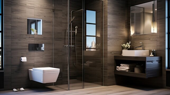 Modern bathroom at home with glass partition separating shower tap and wall mounted toilet.