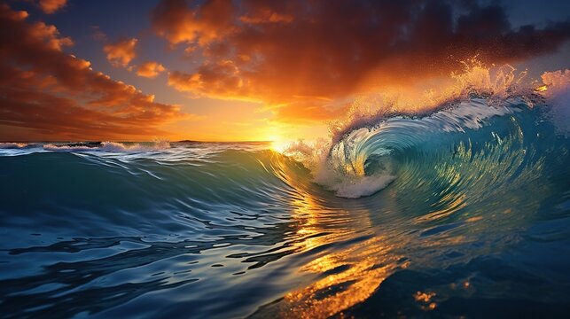  a large wave in the ocean with a sunset in the background. generative ai © Anna