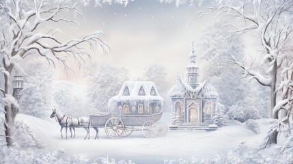  a painting of a horse drawn carriage in a snowy landscape.  generative ai