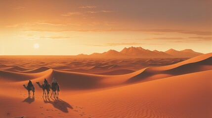 Fototapeta na wymiar two people riding on camels in the desert at sunset. generative ai