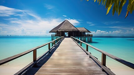  a wooden pier leading to a hut on the water with a blue sky in the background.  generative ai