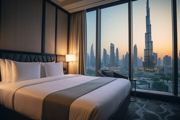 The interior of an expensive hotel room overlooking Dubai.
