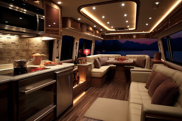 Fototapeta premium Tourist camper interior. Luxurious motorhome with kitchen and sofas.