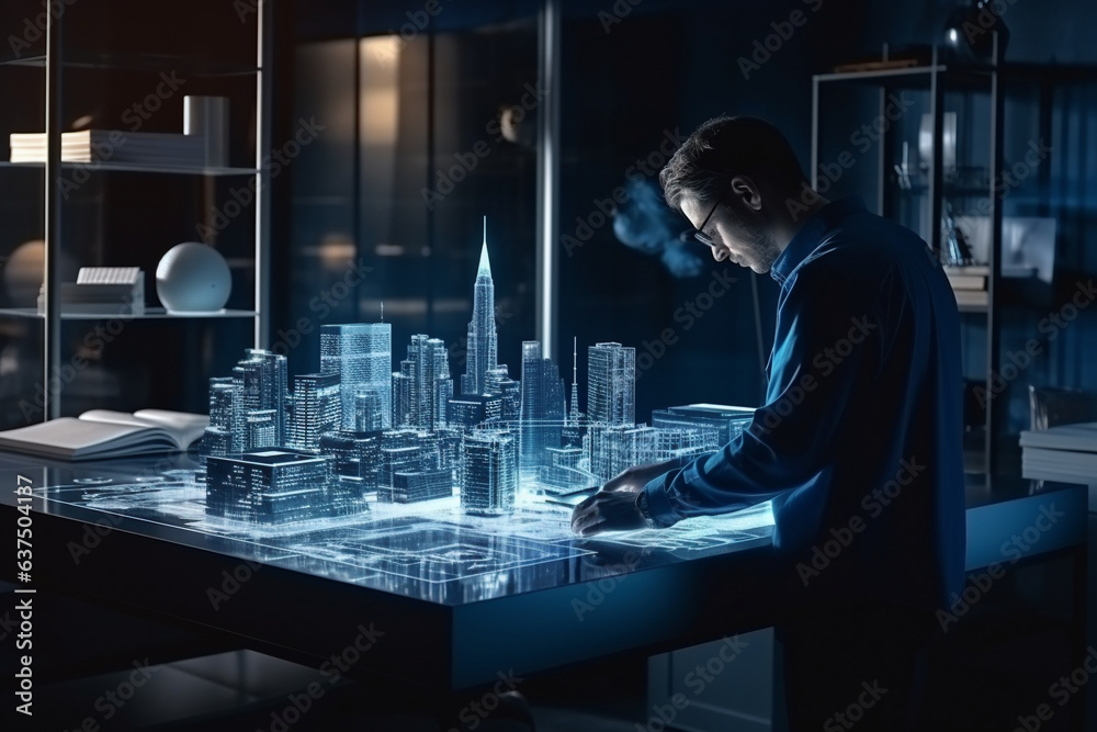 Wall mural An engineer designs a city using a hologram and augmented reality screens.