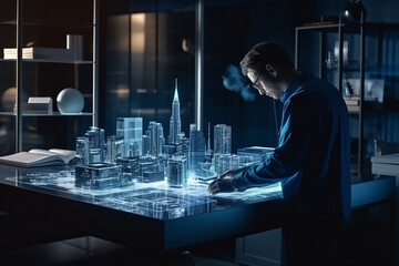 An engineer designs a city using a hologram and augmented reality screens.