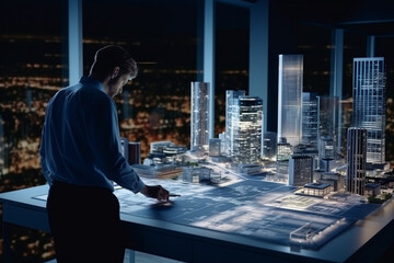 An engineer designs a city using a hologram and augmented reality screens.