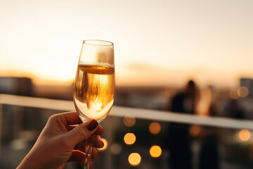 A human hand holds a glass of champagne against the backdrop of a defocused city.