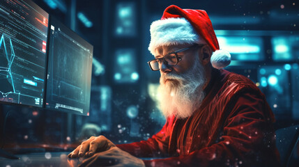  Close-up shot of employe computer screen with Santa Claus typing complex password on keyboard. Futuristic background with artificial intelligence. Banner. Generative Ai content