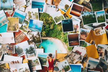 Fototapeta na wymiar Top view of A collage of many photos. Lots of vacation travel photos.