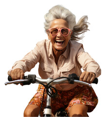 Szczęśliwa stara kobieta jedzie na rowerze. Widok z przodu, przeźroczystość, png. - obrazy, fototapety, plakaty