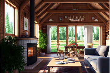 The interior of a wooden house - a chalet with a fireplace, firewood, a sofa and other furniture overlooking the summer yard and the green forest.