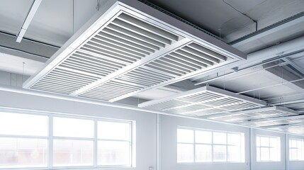 Metal slat frame on white ceiling, used for air ventilation.