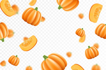 Falling pumpkin isolated on transparent background. Flying whole and sliced orange pumpkins with blurry effect. Can be used for advertising, packaging, banner, poster, print. Realistic 3d vector