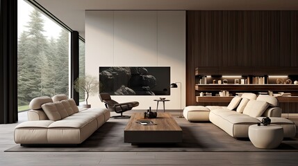 Luxurious, minimalist living space with modern nude colored furniture and striking black accents.