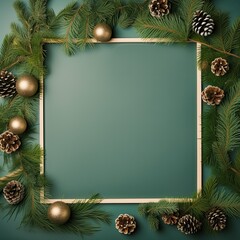 Holiday background with frame in the middle of evergreen tree branches, christmas and festive season concept, minimalistic design, copy space