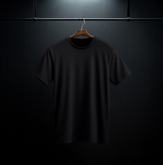 Naklejka premium Black t-shirt mockup with copyspace on dark background on hanger, front view