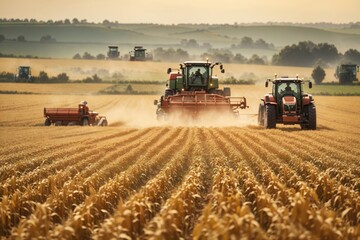 Fototapeta premium View of agriculture fields with two crop cutter. ai generative