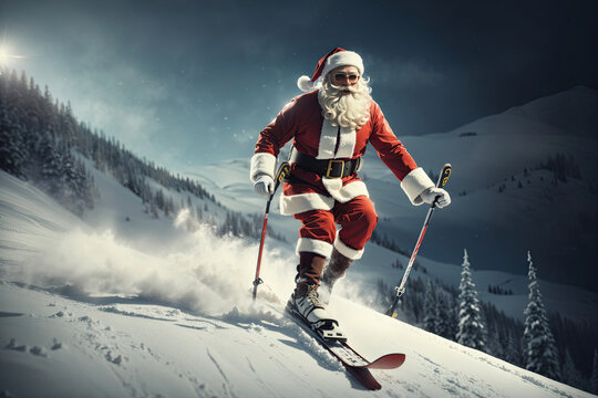 Santa Claus skiing and jumping on the slope. ai generative