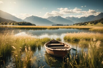 a small boat sitting in the middle of a lake. ai generative