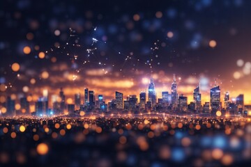 City skyline with network data conection on bokeh background. ai generative