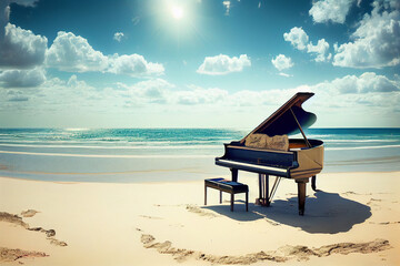 Piano on the sandy shore of the ocean, sunny day. Musical fantasy concept.