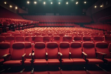 Vacant red cinema seats Comfortable armchairs. ai generative