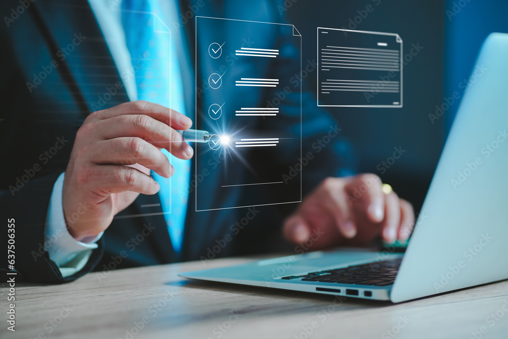 Poster Business performance checklist, businessman using laptop doing online checklist survey, Businessman using pen to tick correct sign mark in checkbox for quality document control checklist..