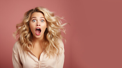 Young blonde woman in expressive pose, surprised