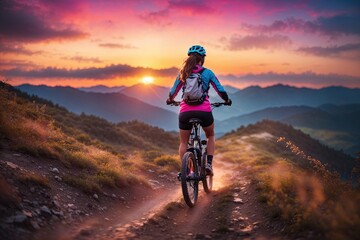Naklejka premium Woman riding a mountain bike back view. ai generative
