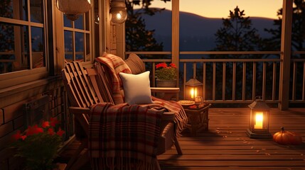 Cozy autumn cabin with wooden balcony, heather flowers, candle flame, and green plaid on chair.