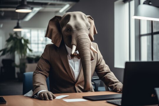 An elephant in a business suit sits at a computer in the office