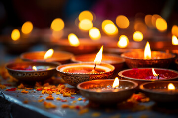 Happy Diwali. Burning diya oil lamps Traditional symbols of Indian festival. 